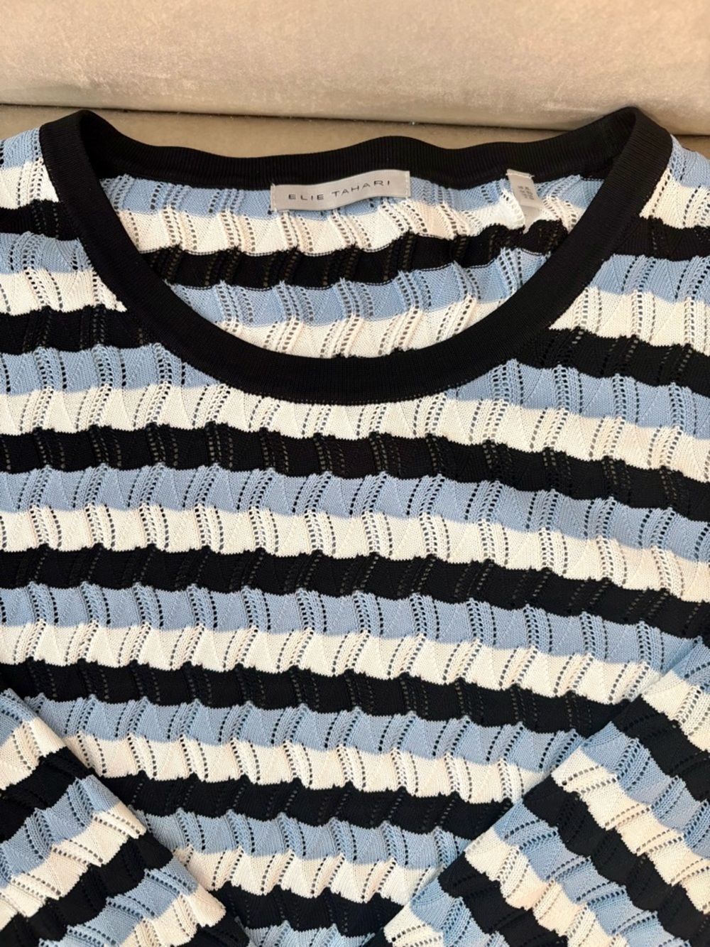 Elie Tahari Black, White & Light Blue Striped Scoop Neck Sweater - Picture 5 of 5
